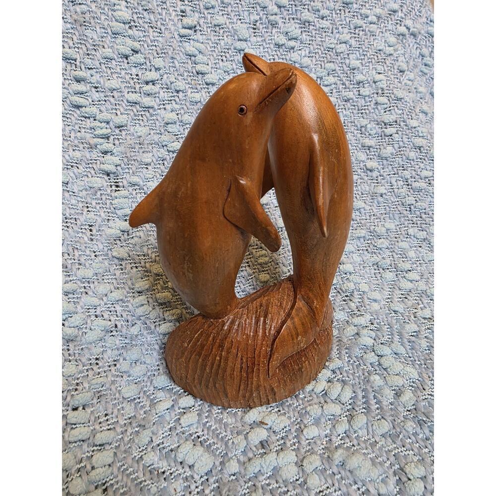 Vintage Hand Carved Wooden 2 Dolphins Sculpture Ornament 8 x 5.5‎ Wide C1